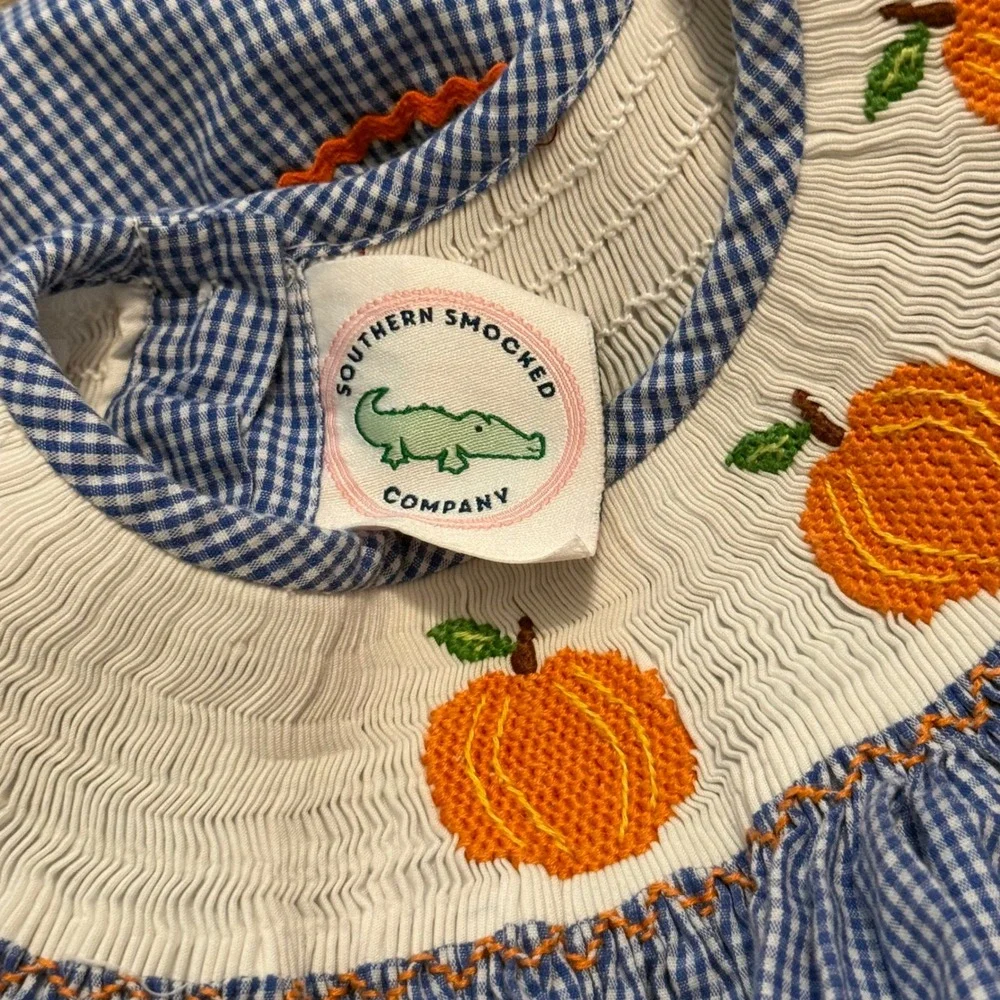 Southern Smocked Company Girls Blue Gingham Pumpkin Smocked Dress Size 5 Fall
